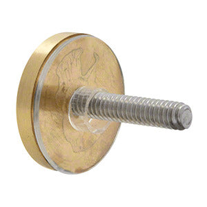 A 1-1/4 inch diameter satin brass washer and threaded stud replacement set shown from a side angle.