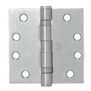 A 4-inch by 4-inch commercial ball bearing hinge in a satin chrome finish with a removable pin.