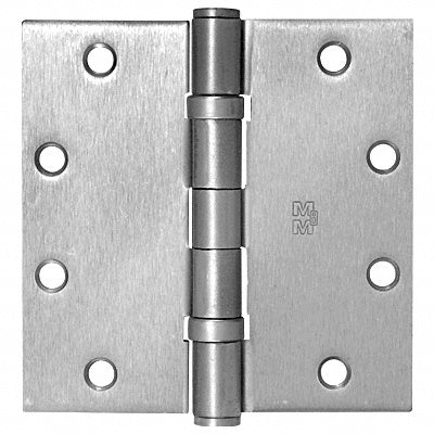 A flat view of a 5-inch by 5-inch satin chrome commercial ball bearing hinge with a removable pin.