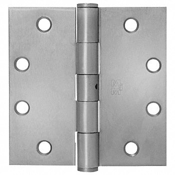 A satin chrome commercial hinge with a removable pin and 4-1/2 inch square dimensions.