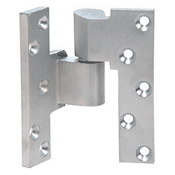 A satin chrome aluminum intermediate left hand pivot hinge with ball bearing and countersunk mounting holes.
