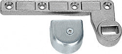 A satin chrome 3/4 inch offset left-hand bottom arm for floor closers shown with its mounting cover.