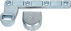 A satin chrome 3/4 inch offset bottom arm for floor closers with a matching cover plate.