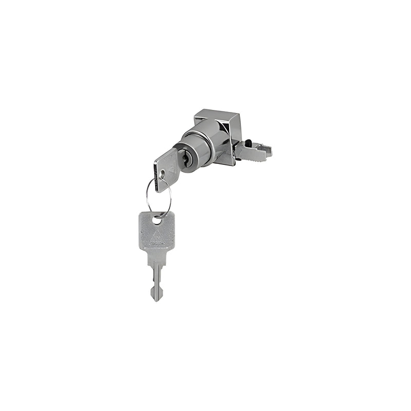 A satin chrome aluminum end cap sliding door lock shown with a key inserted.
