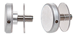 Two views of a satin chrome brass standoff cap assembly showing the threaded stud and mounting components.