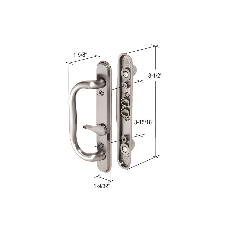 A satin nickel diecast mortise-style handle shown with dimension lines indicating an 8-1/2 inch body length and 3-15/16 inch screw hole spacing.