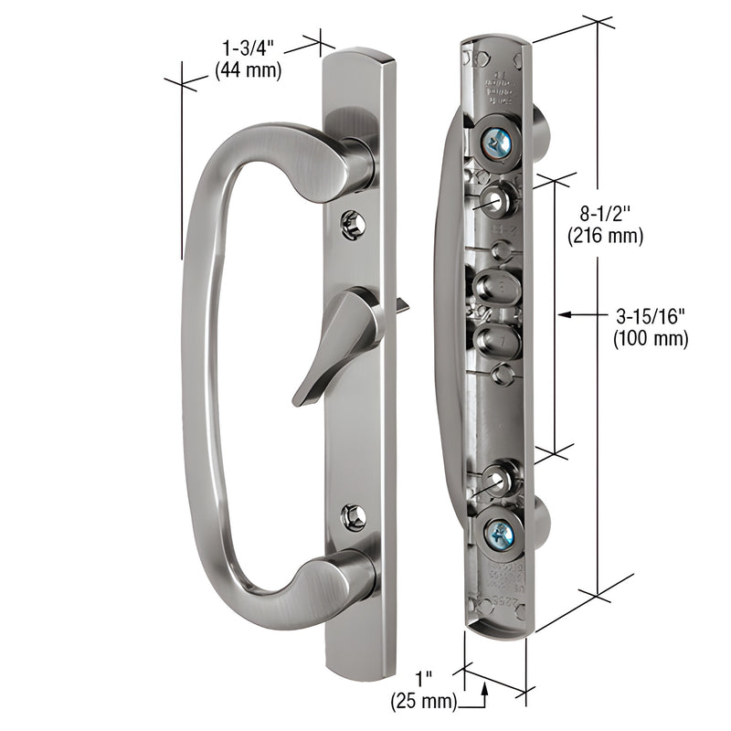 A satin nickel mortise-style handle shown from front and side views with technical dimension labels.