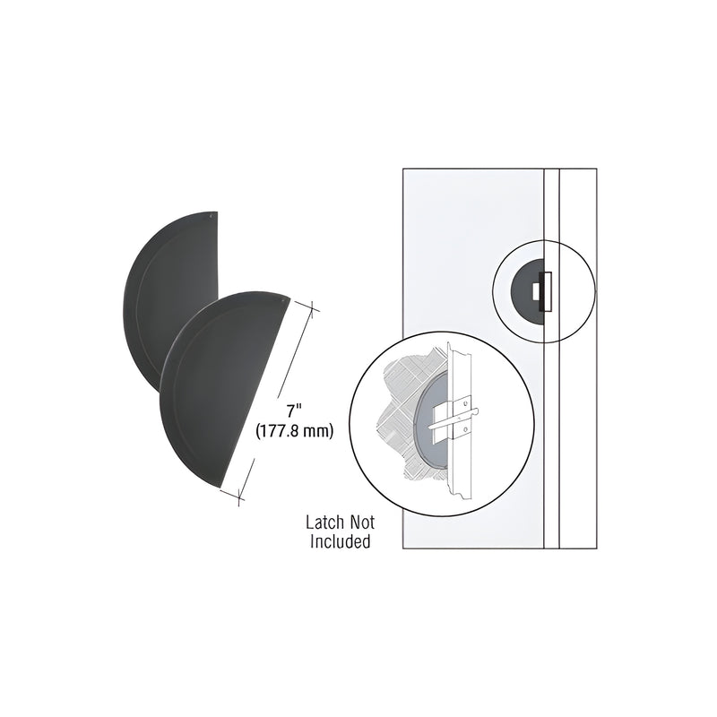 A technical diagram showing two black 7-inch plastic screen door pull shields and their surface-mount installation method.