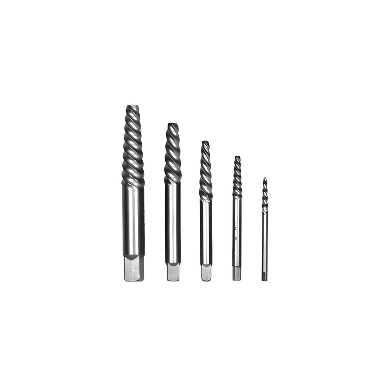 A set of five CRL screw extractors with spiral flutes and square shanks arranged by size.