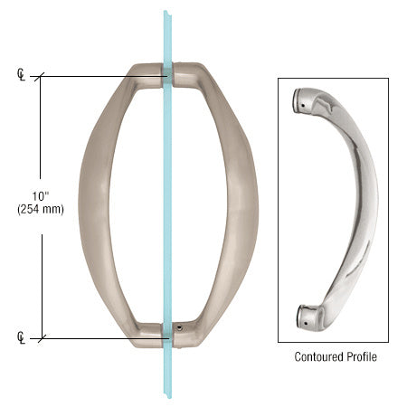 A technical diagram showing a brushed nickel sculptured pull handle mounted back-to-back on glass with a 10-inch center-to-center measurement.