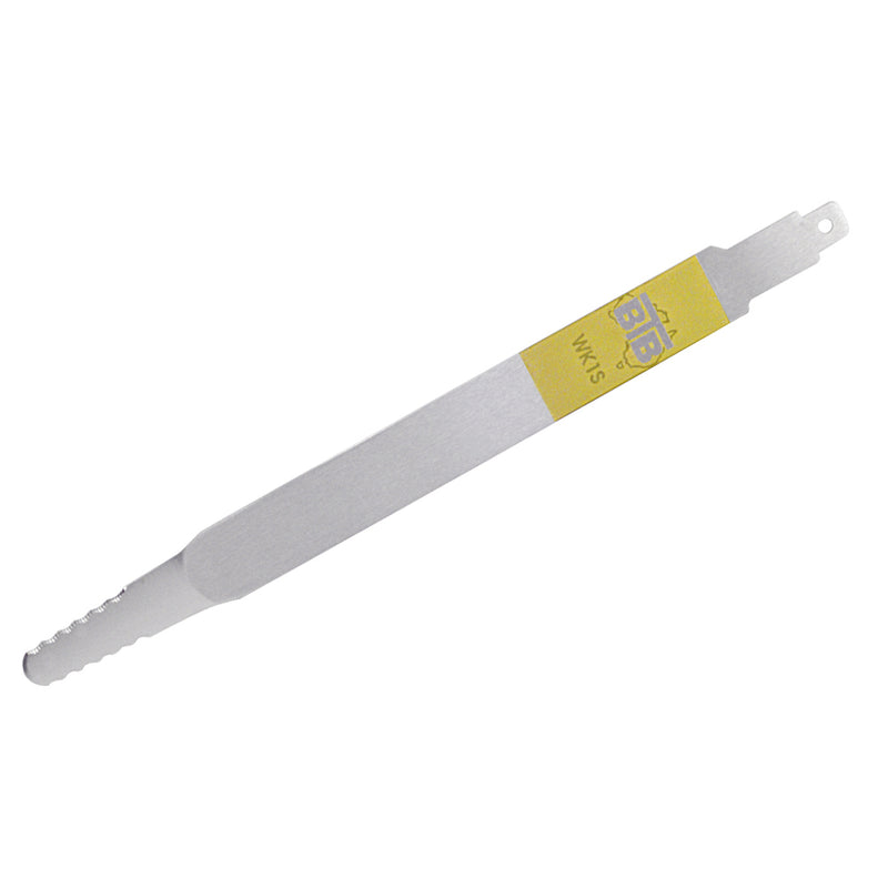 A 12-inch long metal serrated cutting blade with a yellow identification label on the handle end.