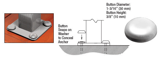 A diagram and photo showing silver metallic plastic bolt cover buttons snapping onto a post base to conceal anchor hardware.