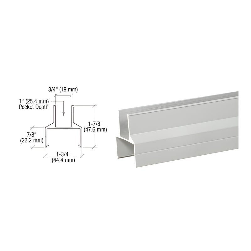 A technical diagram and perspective view of the silver metallic aluminum bottom rail showing its 1-7/8 inch height and glazing pocket dimensions.
