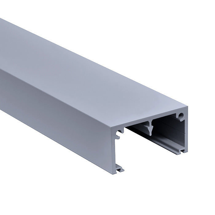 A close-up view of a 96-inch silver metallic Cielo face cap showing its rectangular extruded profile.