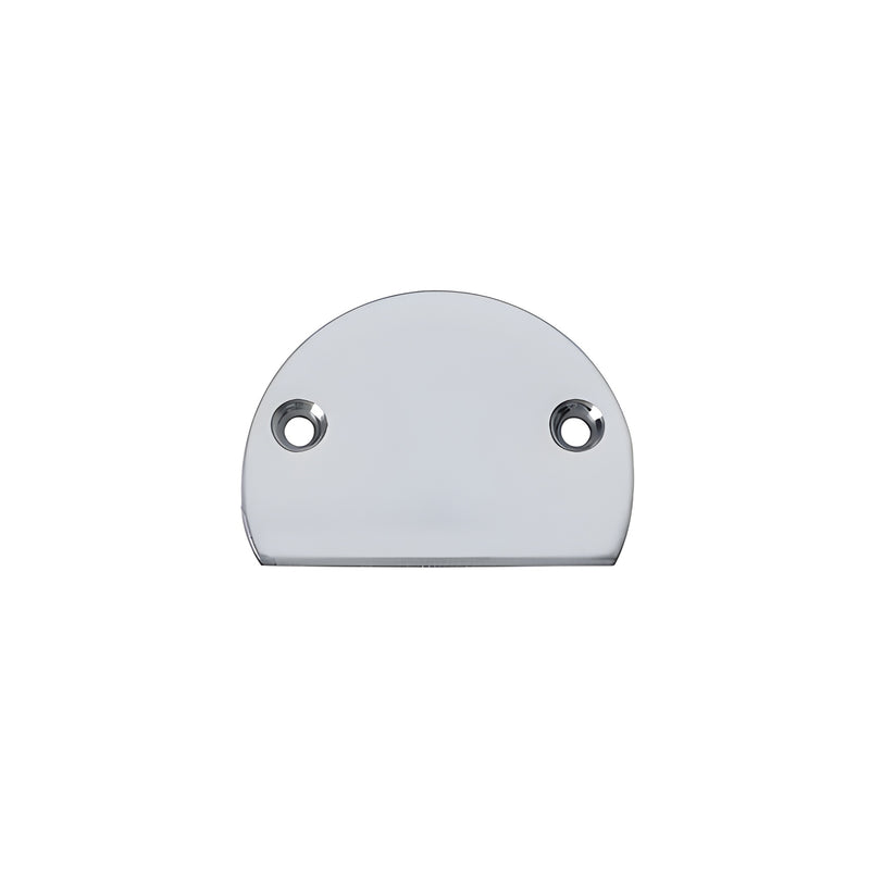 A semi-circular silver metallic decorative end cap with two pre-drilled mounting holes.