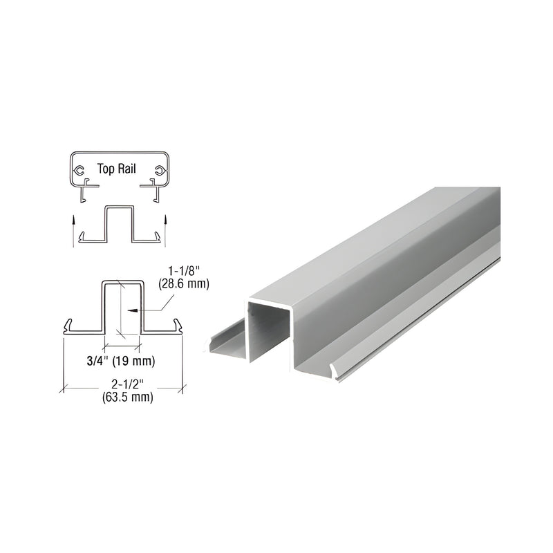 A technical diagram and perspective view of the silver metallic aluminum glass rail infill component.