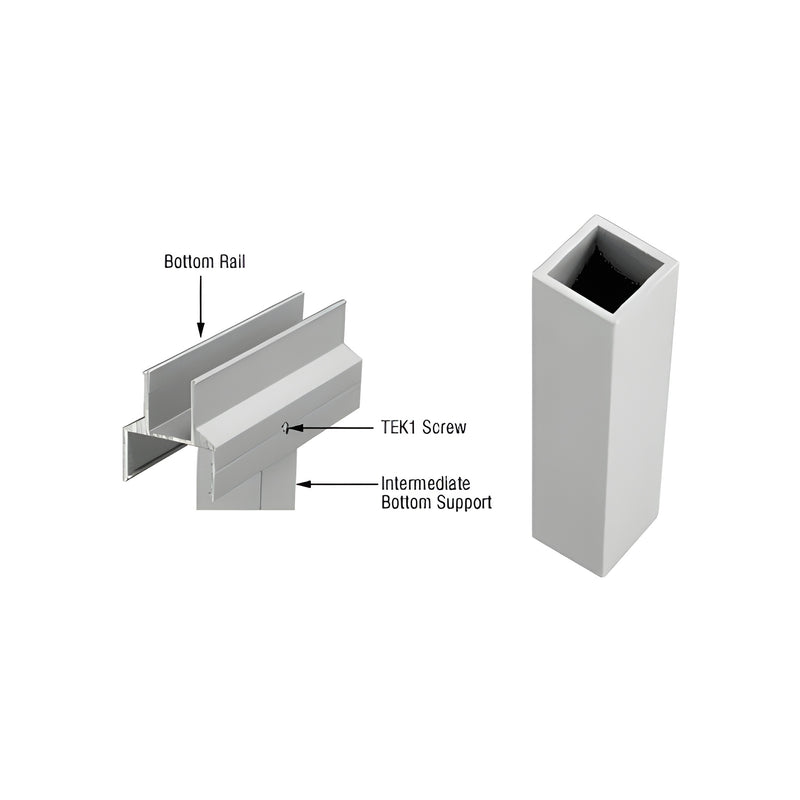 A diagram showing a silver metallic aluminum intermediate bottom support profile and its connection to a bottom rail with a TEK1 screw.