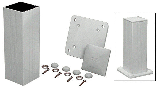 The CRL 36-inch aluminum post kit includes a square post, base plate, mounting hardware, and a cover, shown both disassembled and fully assembled.