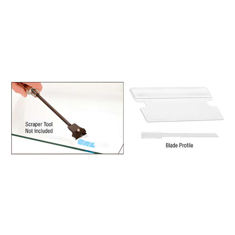 A close-up view shows the CRL single edge plastic razor blade profile and its application on a glass surface using a scraper tool.