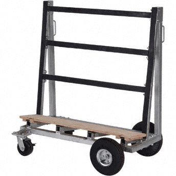 A single-sided metal shop cart with a wooden ledge and four casters designed for transporting glass and stone.