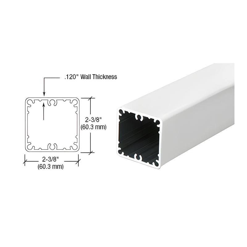 A white square aluminum post shown with a technical cross-section diagram indicating a 2-3/8 inch width and .120 inch wall thickness.