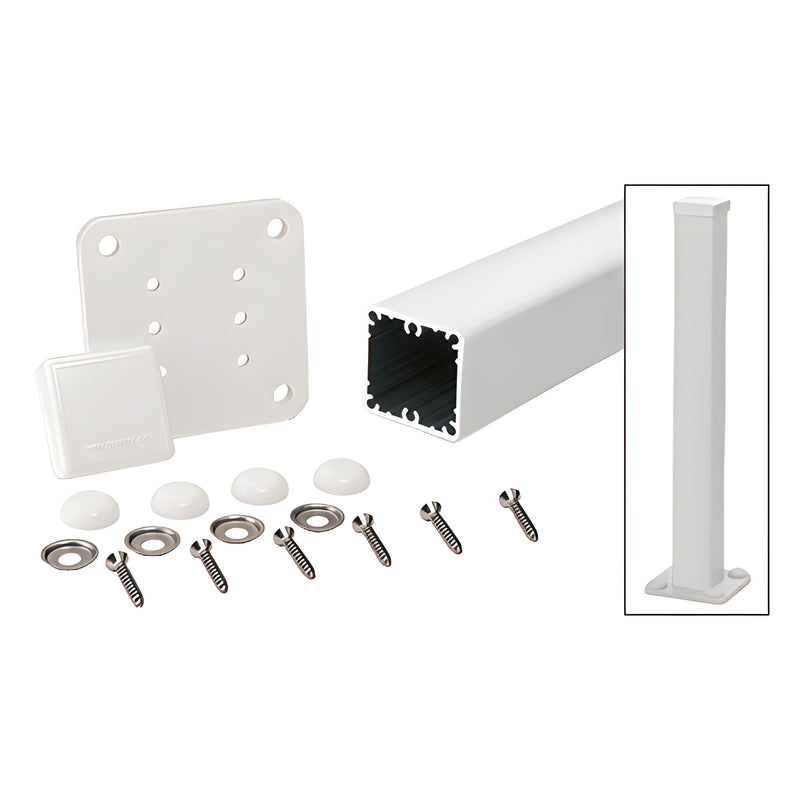 The CRL 100 Series surface mount post kit includes a white aluminum square post, base plate, post cap, and mounting hardware.