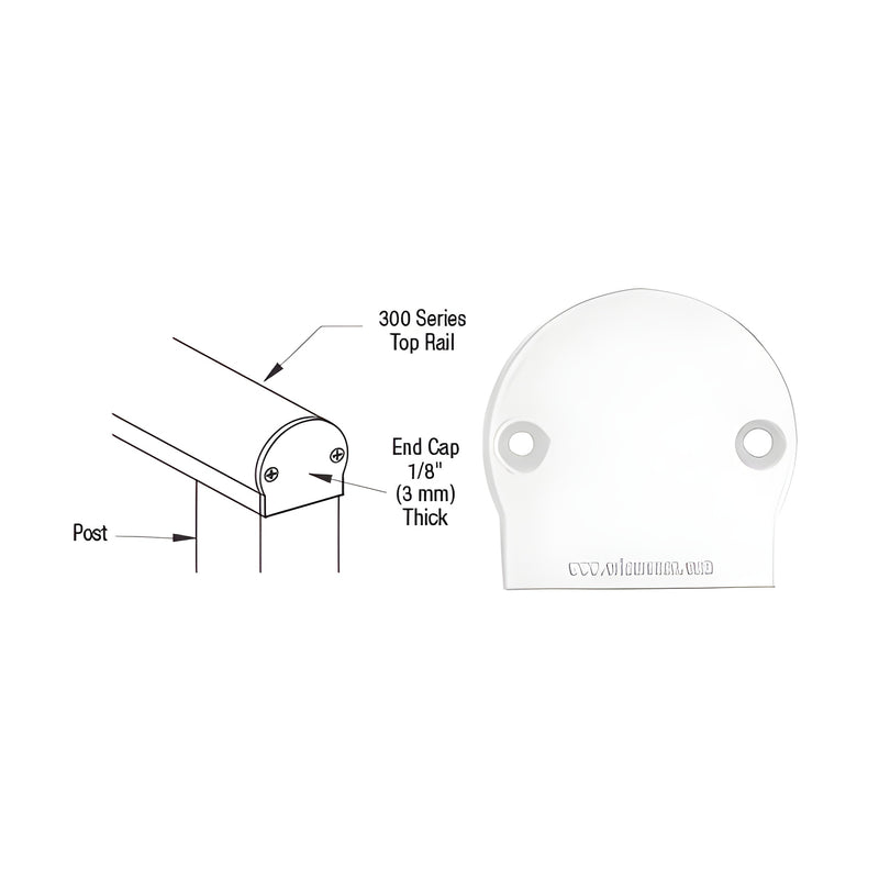 A technical diagram and product view showing the Sky White 300 Series decorative end cap installed on a top rail.