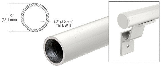 A cross-section diagram and a close-up view of the white aluminum hand rail showing its 1-1/2 inch diameter and mounting bracket.