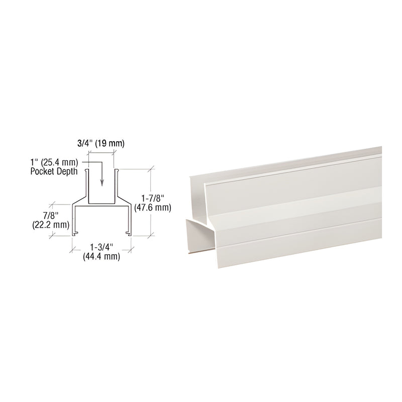 A technical diagram and perspective view of the Sky White aluminum bottom rail showing its 1-7/8 inch height and glazing pocket dimensions.