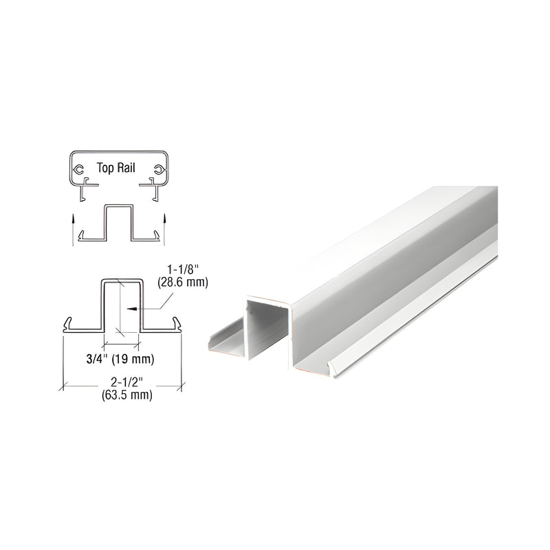A technical diagram and perspective view of the white aluminum glass rail infill component.