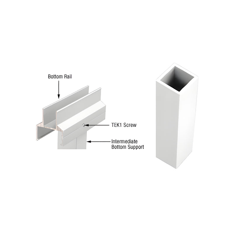 A white aluminum intermediate bottom support profile shown in a 12-inch length alongside a diagram of a bottom rail assembly.