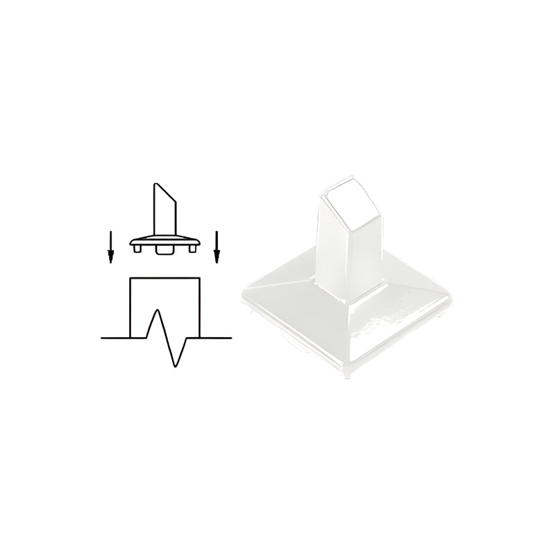 A technical diagram and a 3D view of the Sky White aluminum intermediate post fitting.