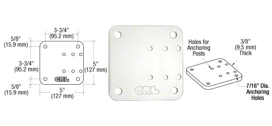 A technical diagram and top-down view of the square CRL Sky White aluminum offset base plate showing dimensions and anchoring hole locations.