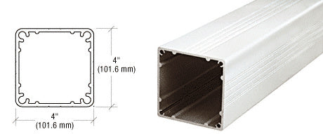 A technical diagram and perspective view of a 4-inch by 4-inch square aluminum post in a Sky White finish.