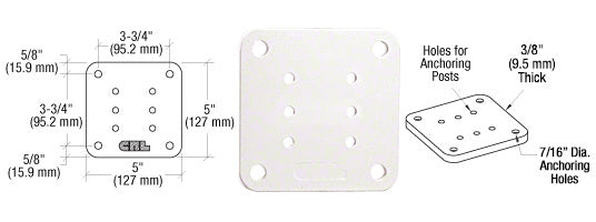 A technical diagram and top-down view of a 5-inch by 5-inch square aluminum base plate in a Sky White finish.