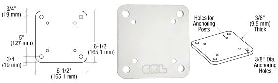 A technical diagram and product view of a square aluminum base plate in a sky white finish with pre-drilled anchoring holes.
