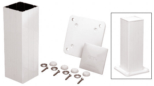 A CRL Sky White aluminum square post kit featuring a base plate, mounting hardware, and a post cap.