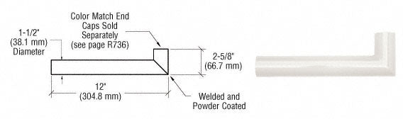 A technical diagram and product photo showing the 90-degree Sky White aluminum wall hand rail return for 1-1/2 inch diameter tubing.