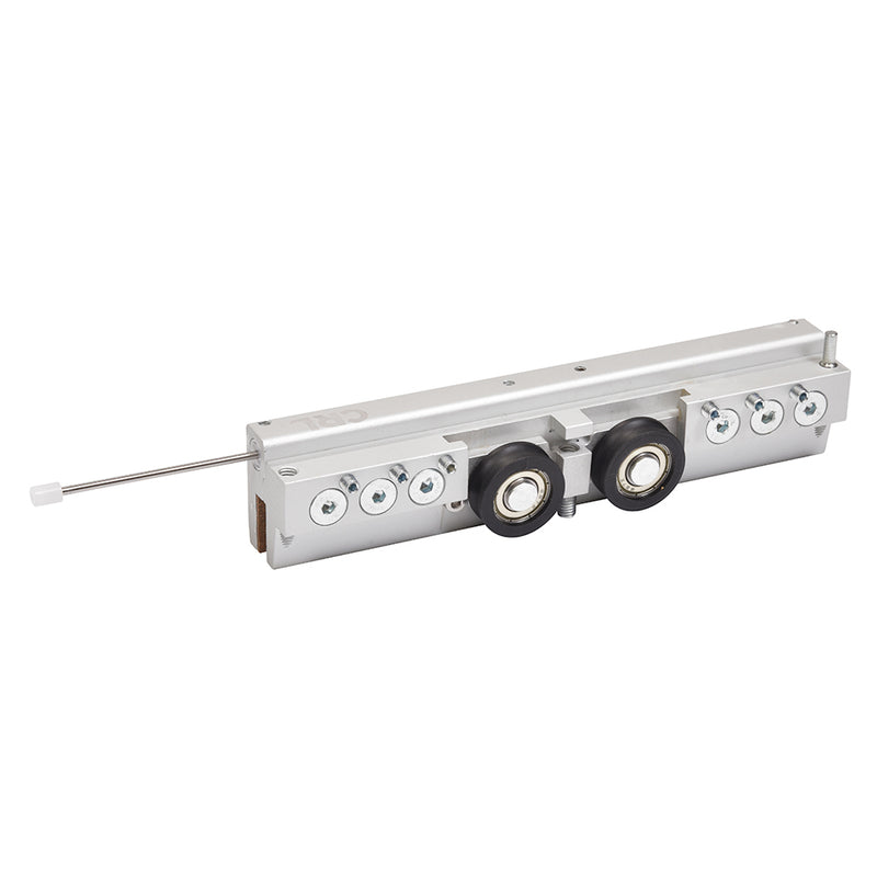 A metal sliding door replacement hanger assembly featuring two black rollers and adjustment screws.