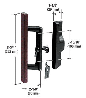 A technical diagram showing a wood and black aluminum sliding glass door handle set with 3-15/16 inch mounting hole spacing.