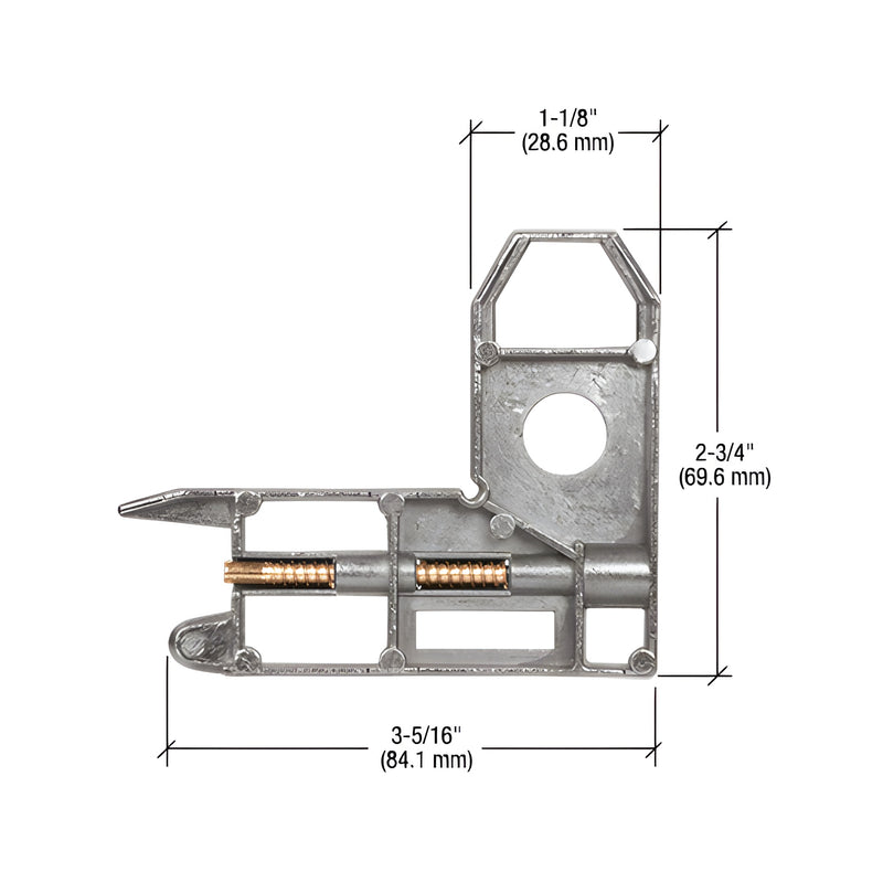A technical diagram showing the aluminum sliding screen door corner insert with labeled dimensions of 2-3/4 inches by 3-5/16 inches.