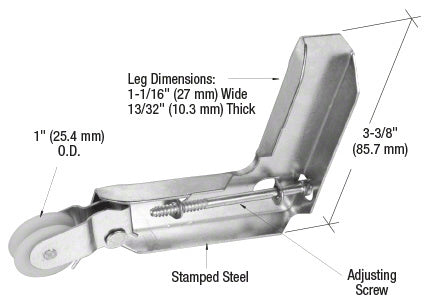 A steel sliding screen door corner roller assembly with a 1-inch concave nylon wheel and an adjusting screw.