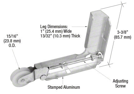 A CRL sliding screen door corner roller assembly featuring a stamped aluminum housing and a 15/16-inch concave nylon roller with an adjusting screw.