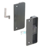 A black plastic sliding screen door latch and pull set with a steel latch component.