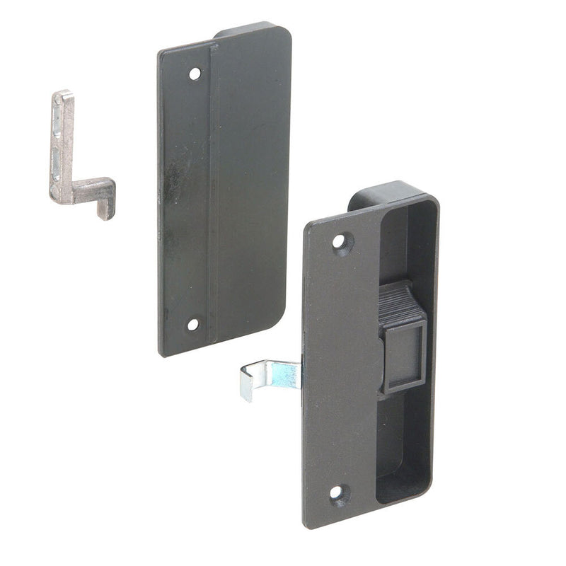 A black plastic sliding screen door latch and pull set with a steel latch component.