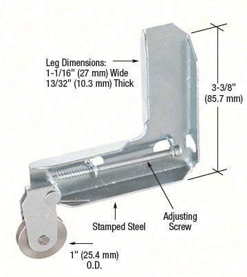 A stamped steel corner insert for sliding screen doors featuring a 1-inch steel ball bearing roller and an integrated adjusting screw.