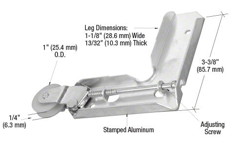 An adjustable sliding screen door roller with a 1-inch nylon wheel and a stamped aluminum corner housing shown with dimension labels.