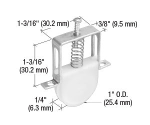 A CRL sliding screen door bottom roller with a 1-inch nylon concave wheel and aluminum housing shown with dimension labels.