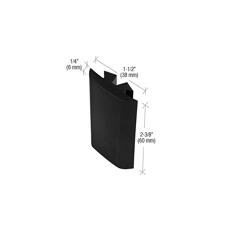 A black neoprene rubber slotted barpad shown with dimension lines indicating a 1-1/2 inch width, 2-3/8 inch height, and 1/4 inch thickness.