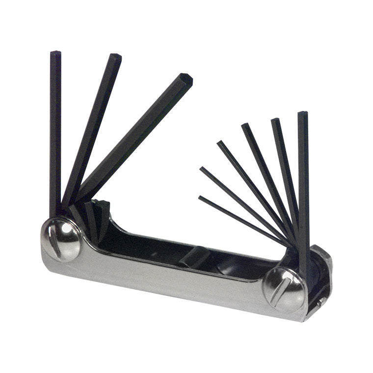 A folding set of black alloy steel Allen wrenches housed in a 3-5/8 inch metal handle.